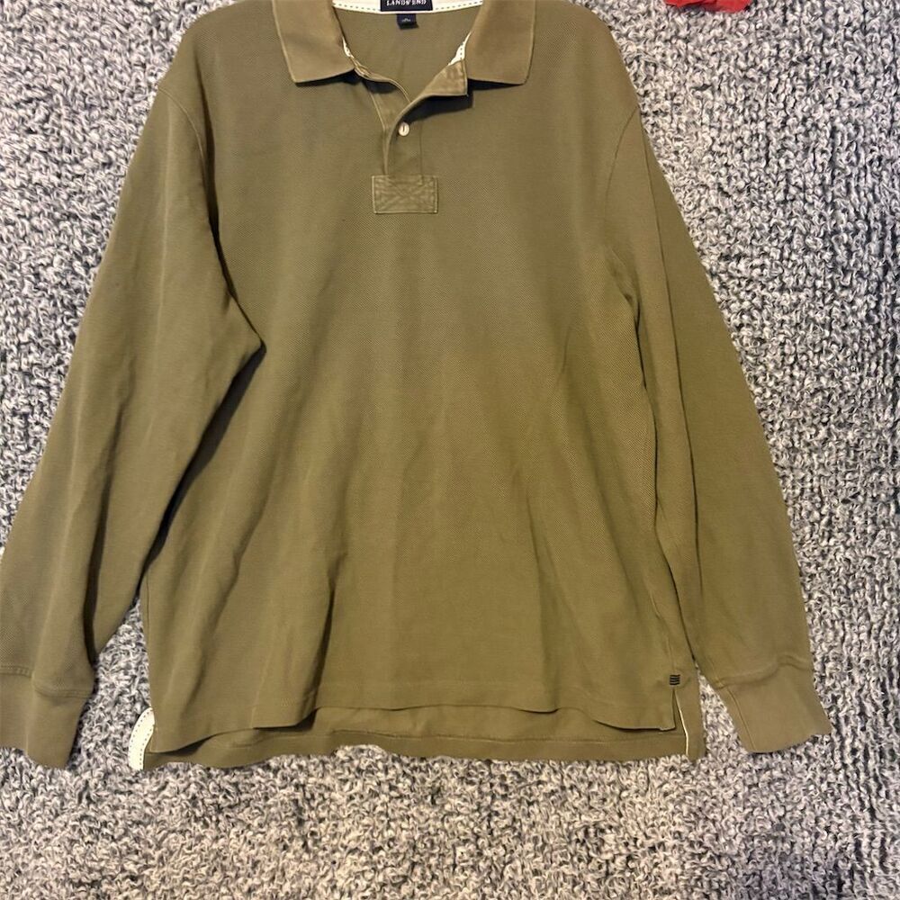 Lands' End Men's XL Green Long Sleeve Polo Shirt Classic Fit